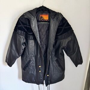 Women’s Vintage Outbrook Black Leather Jacket size Medium with Embroidery